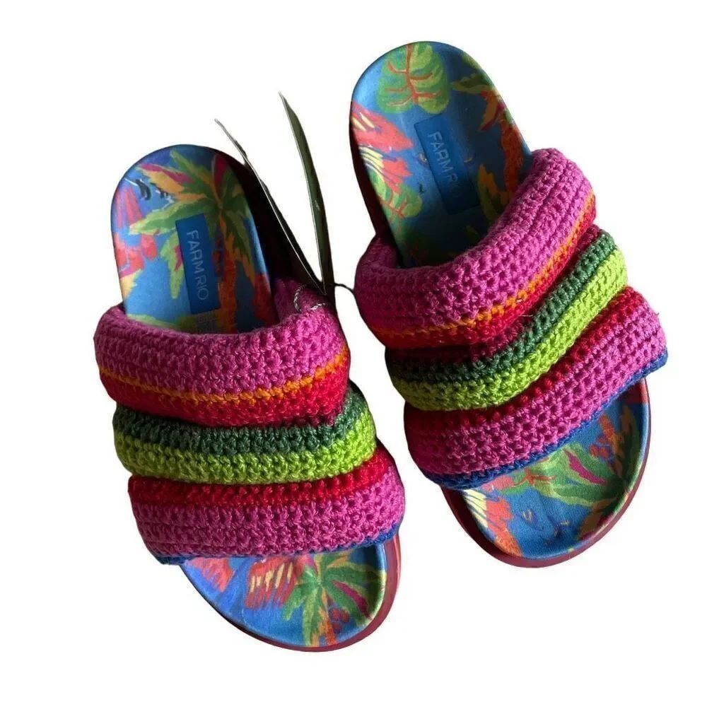 FARM RIO | blue macaw crochet rainbow slides 7 NEW